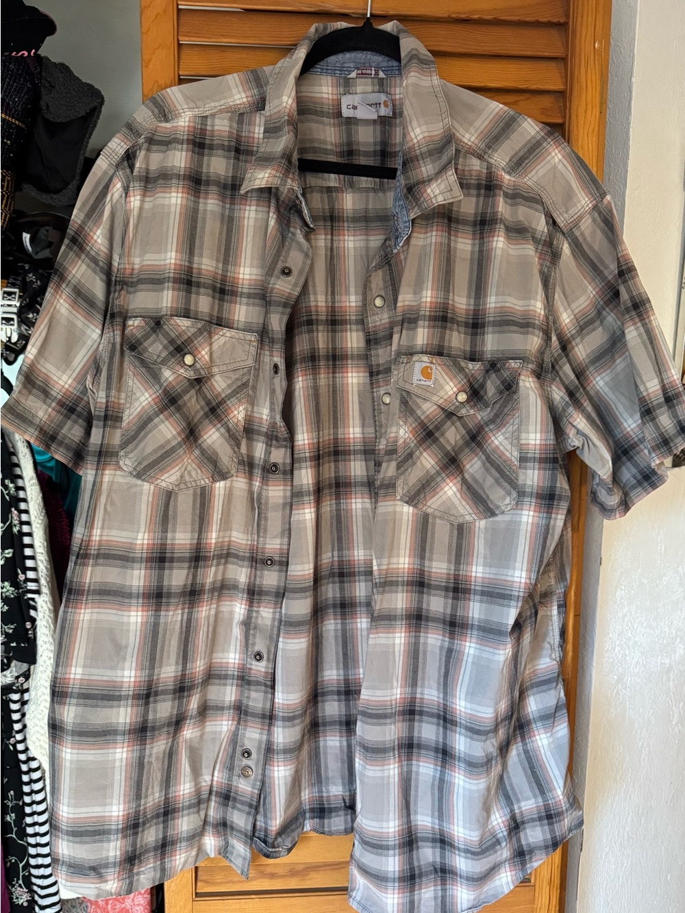 Carhartt Men’s Short-Sleeve Plaid Button-Down Shirt - Gray, Brown, Cream